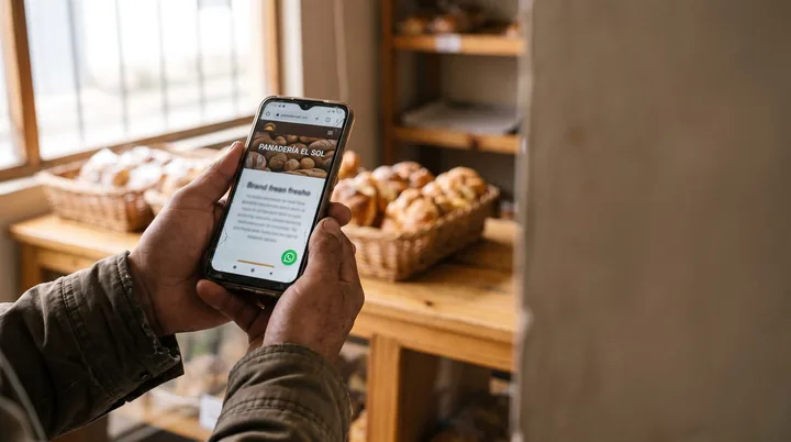 Manos sosteniendo un celular con la página web de una panadería abierta, dentro del local.