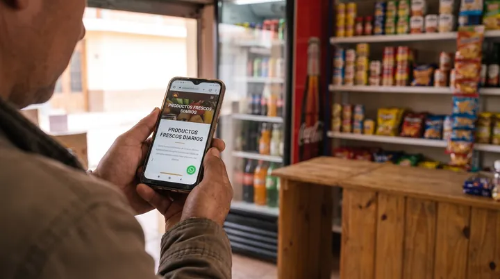 Manos sosteniendo un celular con la página web de una tienda de barrio, frente al mostrador.